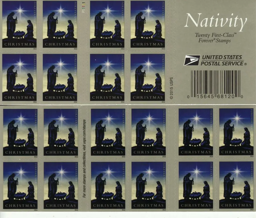 Front and back of a Nativity Forever stamp booklet showing 20 Holy Family silhouette stamps