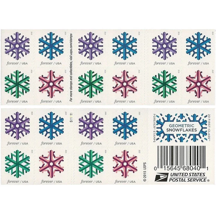 Front and back of a Geometric Snowflakes booklet showing 20 stamps in four colors