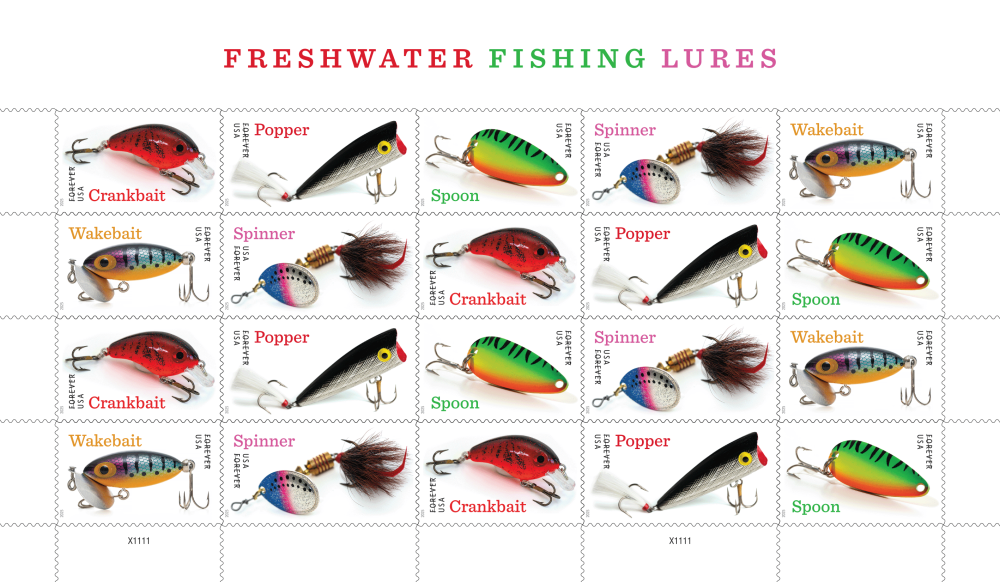 2025 Freshwater Fishing Lures Stamps 100 pcs - Forever Stamps
